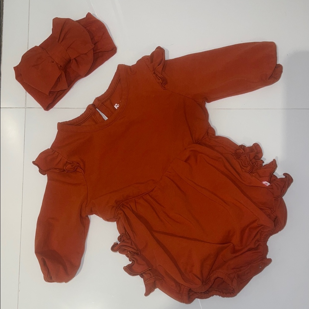 RuffleButts Long Sleeve Knit Bubble Romper with matching bow headband in rust